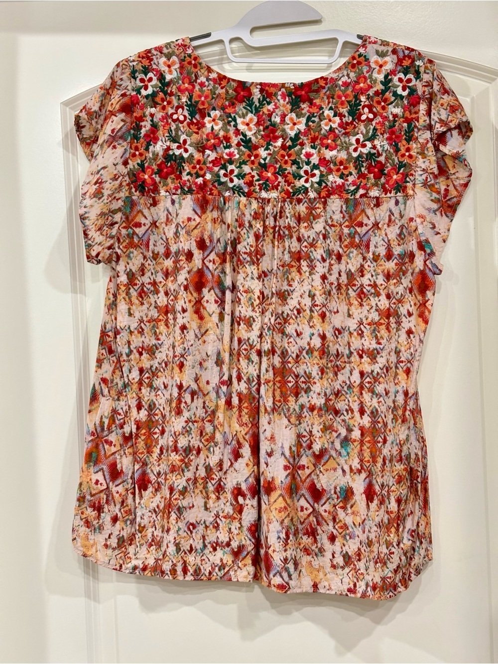 Savanna Jane Red & Cream Floral Embroidered Flutter Sleeve Blouse - Picture 5 of 5